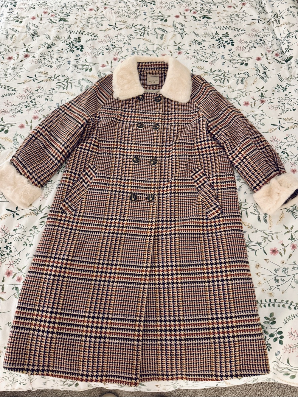 Plaid Wool-Blend Pea Coat with Down filling and Cream Marten Fur Trim